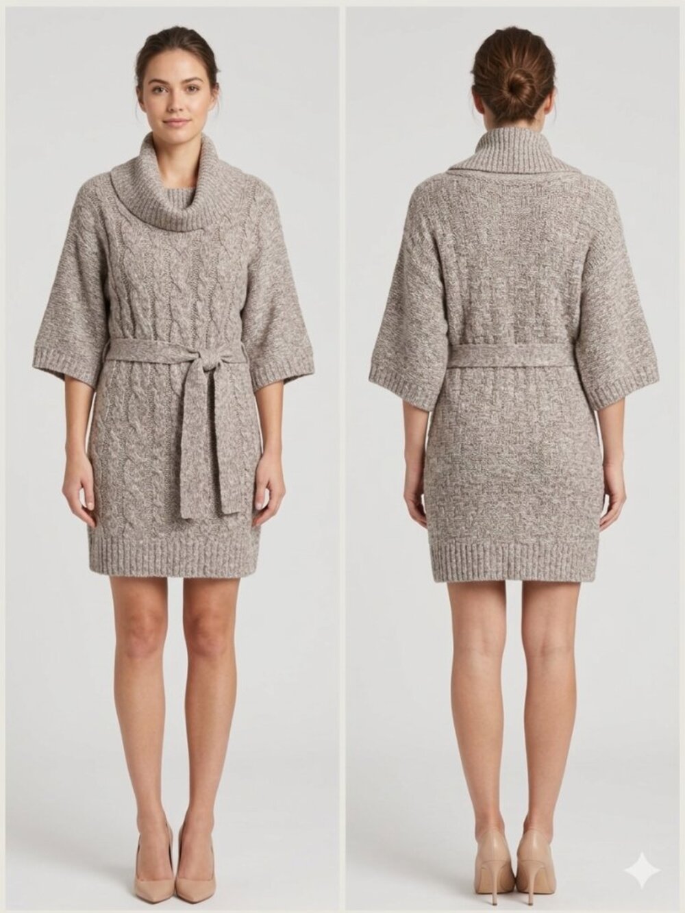 Cable Knit Belted Sweater Dress - Taupe